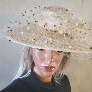 B Michael Wide Brim Hat Netting Veil Chenille  Dots Fine Vintage Weddings Derby